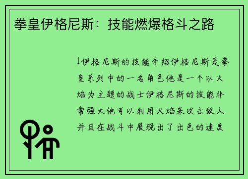 拳皇伊格尼斯：技能燃爆格斗之路