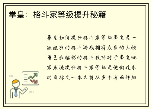 拳皇：格斗家等级提升秘籍