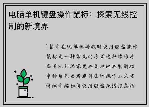 电脑单机键盘操作鼠标：探索无线控制的新境界